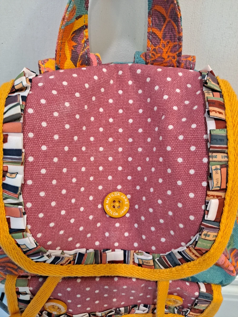 Matilda Jane Floral & Polka Dot Mini Backpack Pink Teal Yellow Book Ruffle Motif